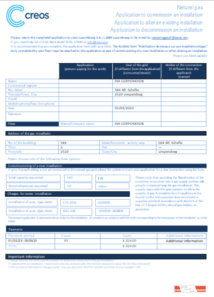 Creos Luxembourg gas utility business bill SCR PSD template
